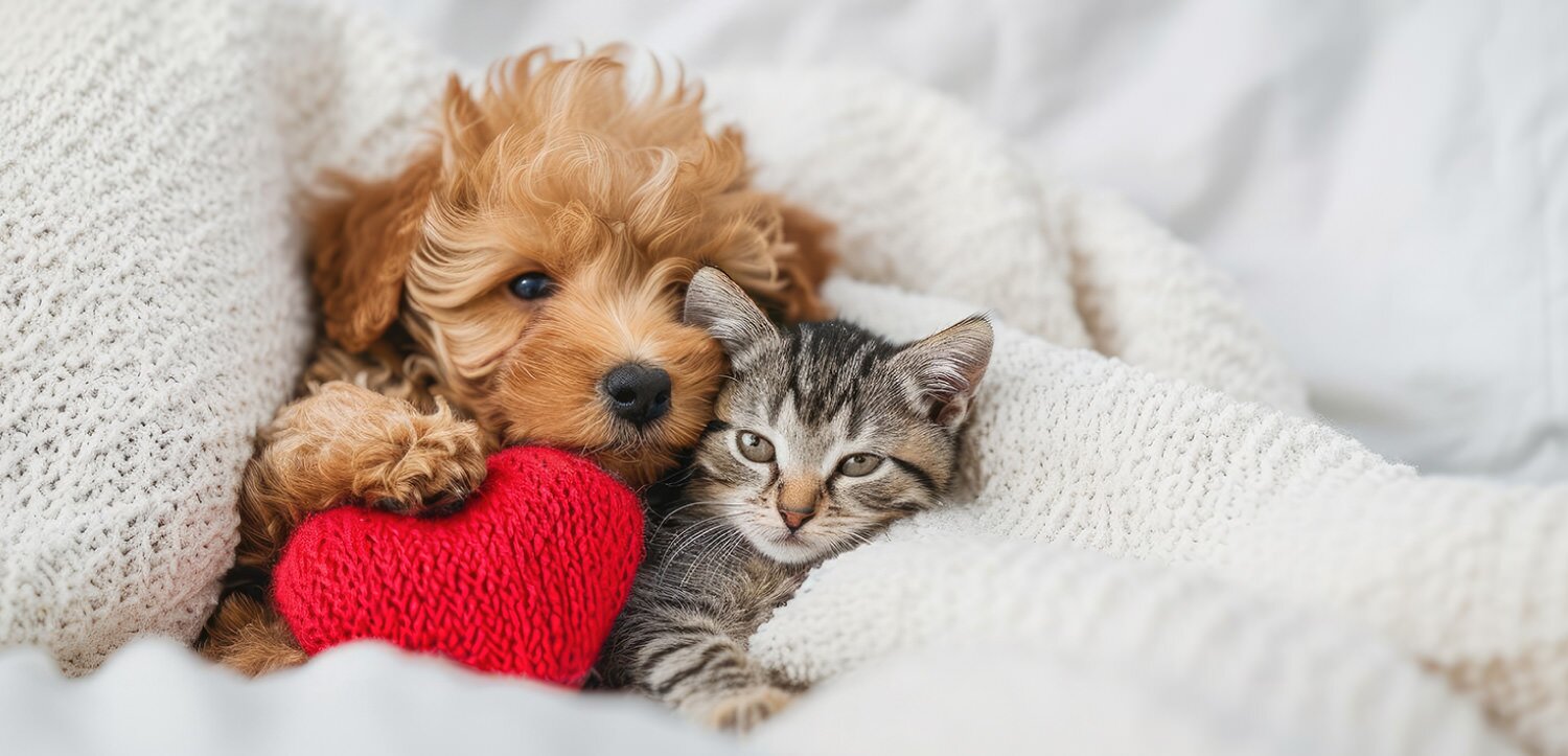 寄り添って眠る犬と猫